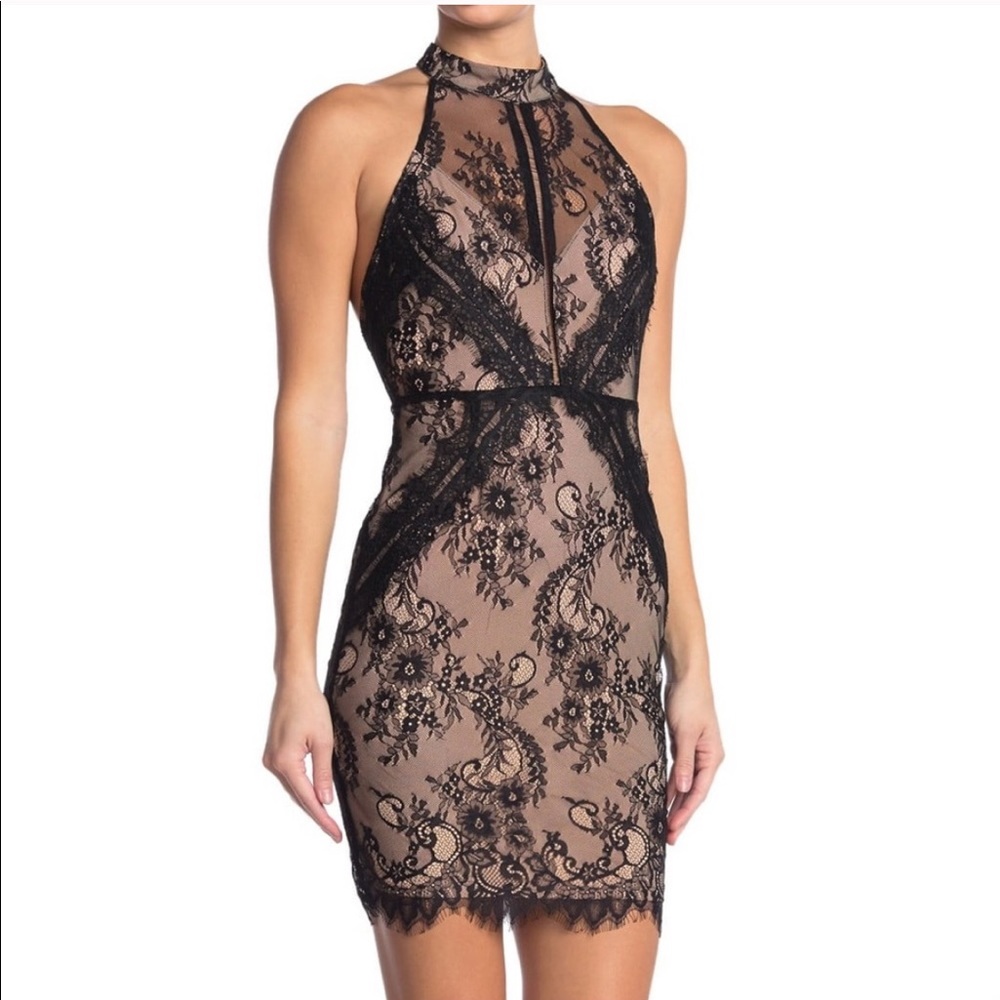 ASTR high neck open back fitted lace black dress